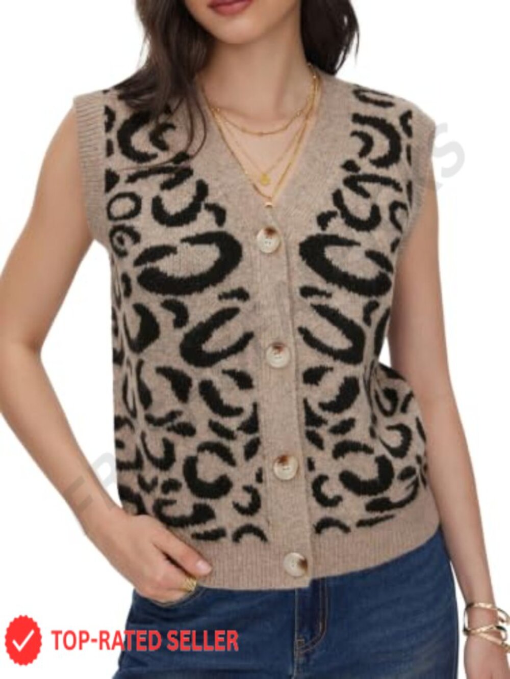 Leopard Sweater Vest Button Down V Neck Wool Blend Sleeveless Cardigan